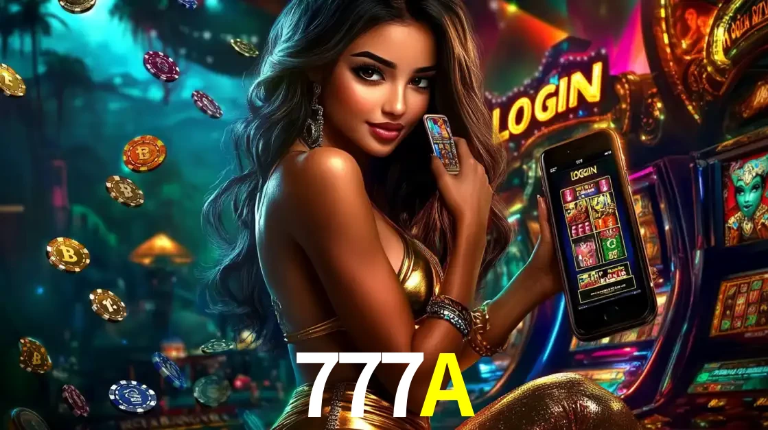 Mulher em um cenário de cassino temático de aventura, mostrando o app de caça-níqueis da 777A no celular. Fichas de apostas flutuam ao redor.