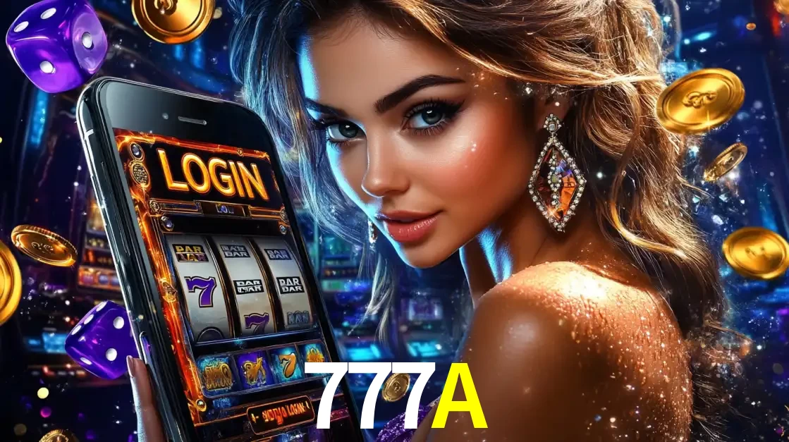 Mulher glamorosa segurando um smartphone com a tela de login para os jogos de caça-níqueis do cassino online 777A, com moedas de ouro e dados ao redor.