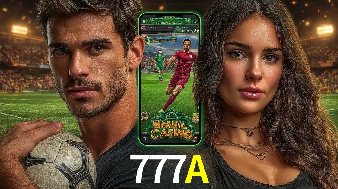 Homem segurando uma bola de futebol e uma mulher ao lado de um smartphone exibindo o jogo de apostas esportivas da 777A. Faça seu palpite no cassino online.